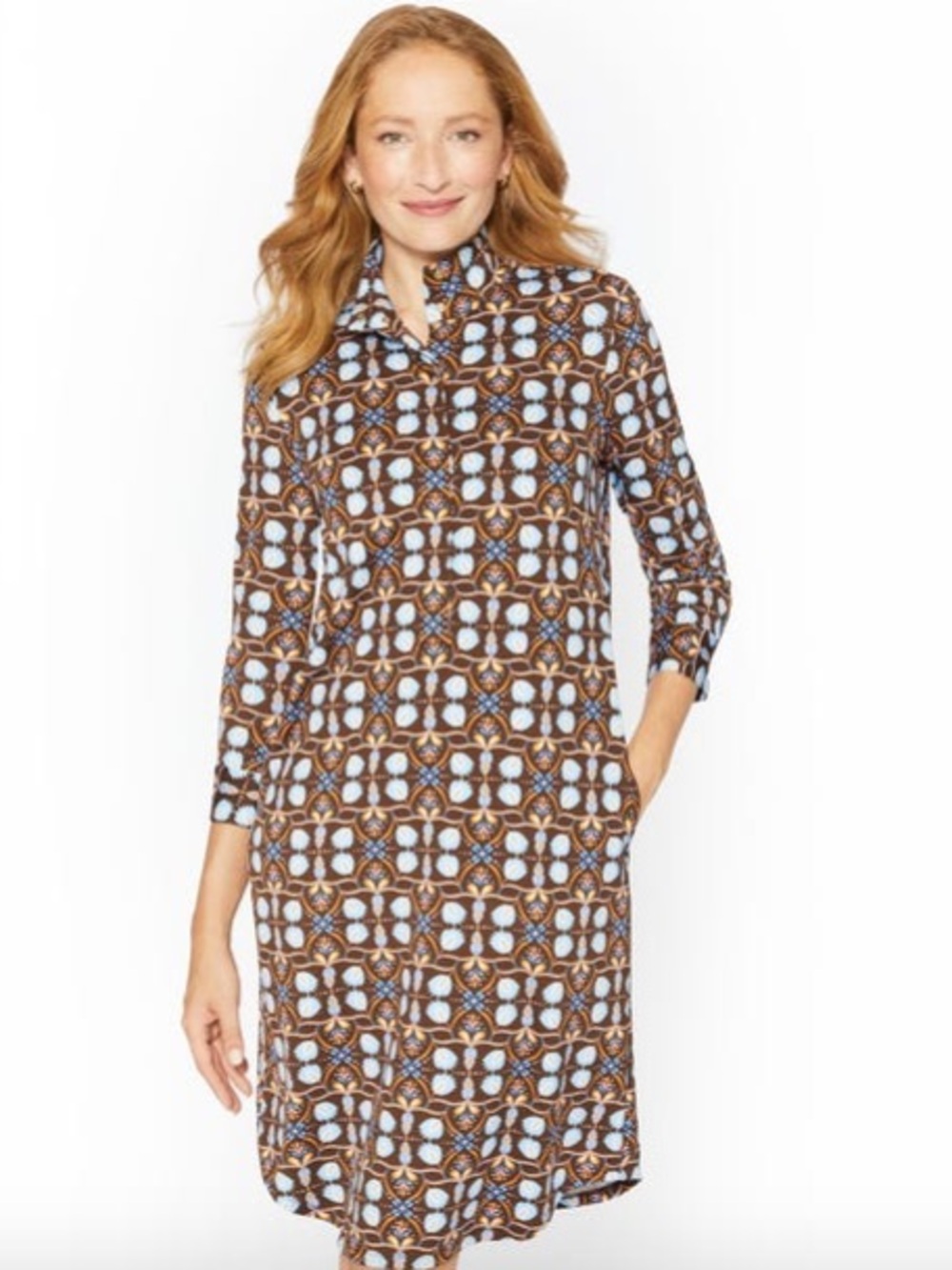J. McLaughlin Berlin Dress Brow Atlas Tile 3/4 Sleeves Catalina Cloth Large